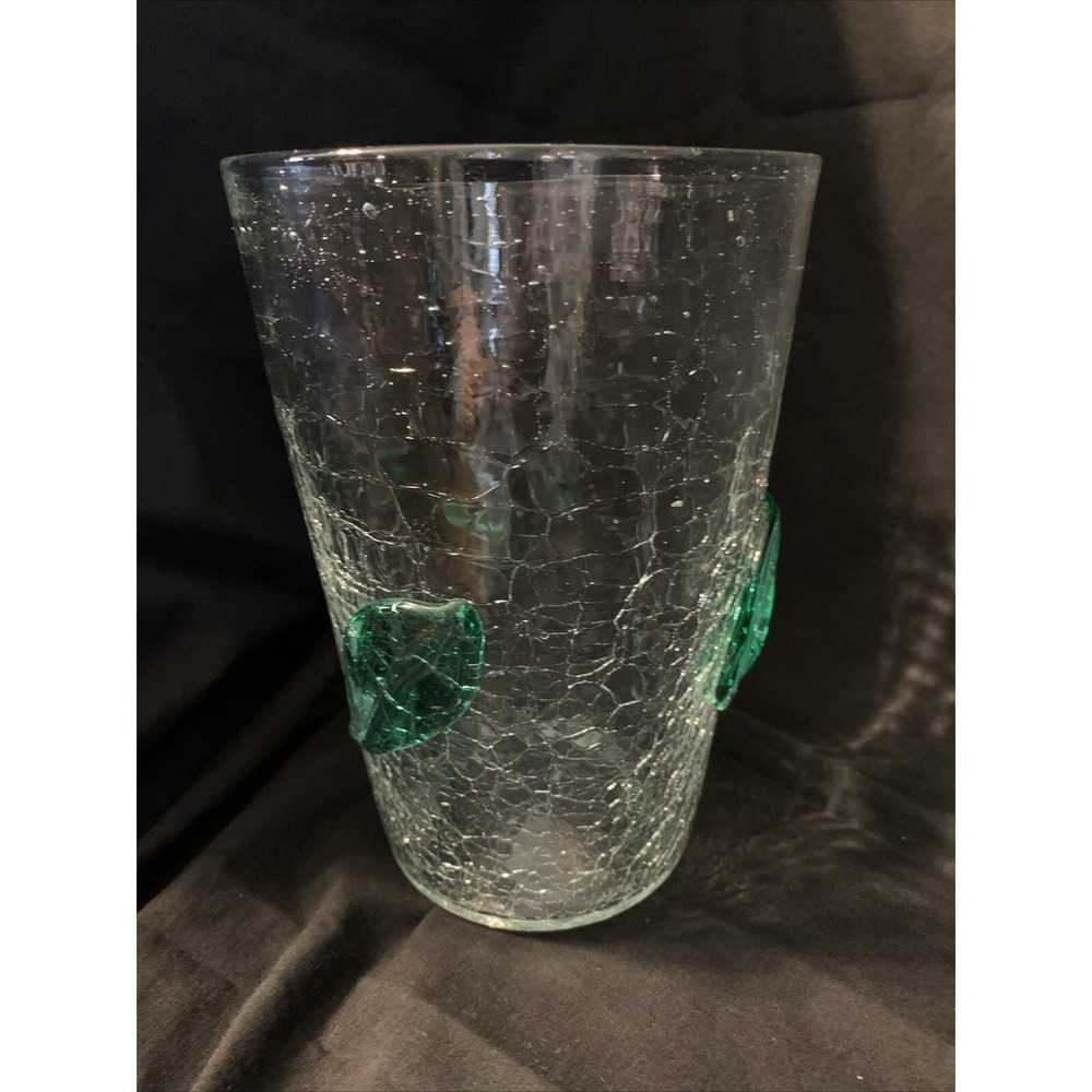 Vintage 7" Tall Blenko Crackle Glass Clear Vase w/ Applied Green Leaves MCM